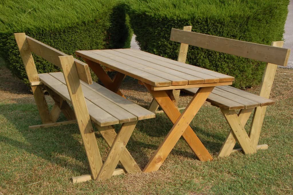 Set Tavolo E Panche Da Giardino In Legno Massello Carbonizzato - Design Con Ruote - Scegli Misura 120 O 140 Cm - Arredo Esterno